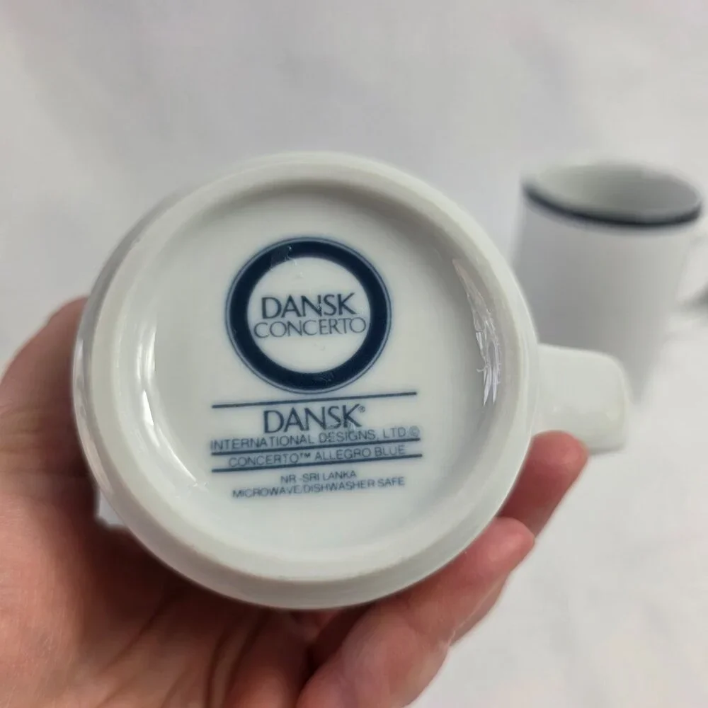TWO Dansk Allegro Blue Mugs White with Two Blue Bands on Rim